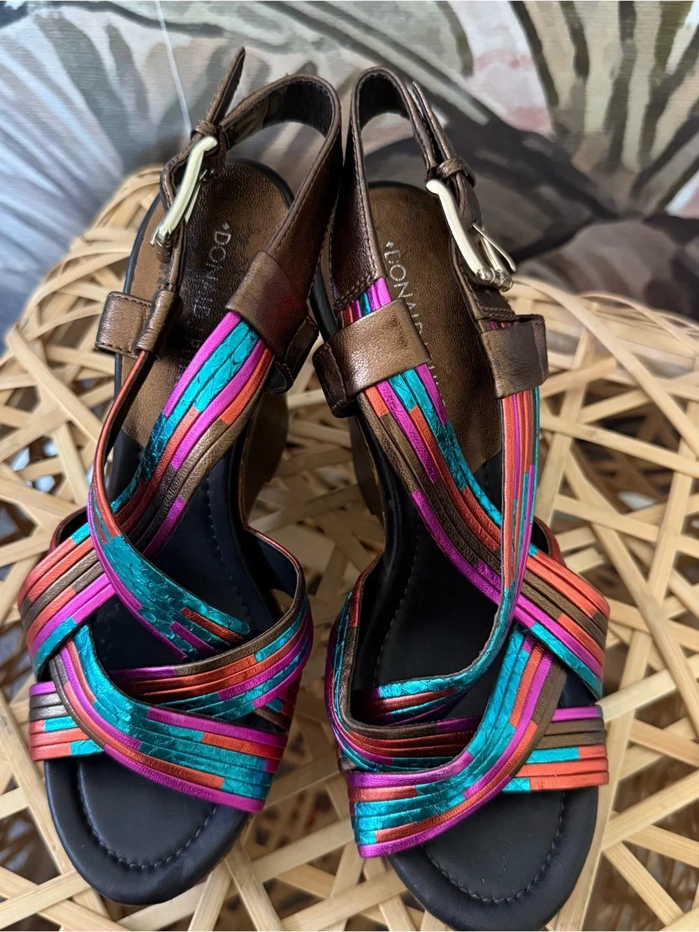 DONALD J PLINER metallic multicolored Brown leather platform wedge sandals boho